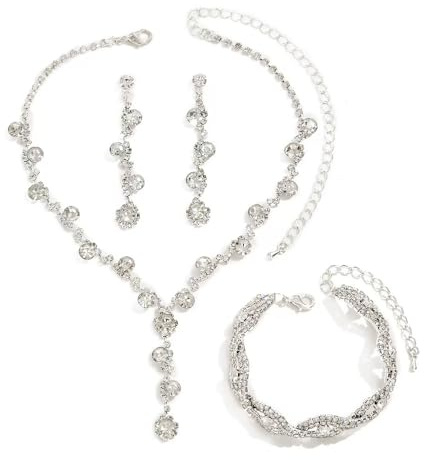XFSRG Juego de Joyas de Mujer Set de 3 Piezas con Circonitas Brillantes Collar Pulsera y Pendientes Joyería Elegante para Boda y Fiestas