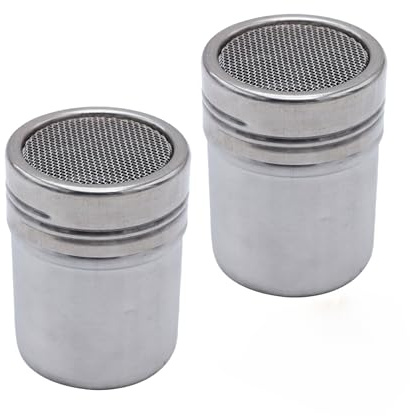 Icing Sugar Shaker & Flour Duster - Stainless Steel Fine Mesh Baking Powder Shaker with Lid for Kitchen, Cake Decorating, Restaurant and Camping Use (Silver, 2 Pcs)