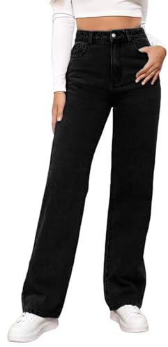 Jean pour femme - Taille haute - Jambe droite - Coupe ample - Coupe large - Taille élastique - Pantalon en denim stretch - Élégant et décontracté - Automne et hiver, Noir 01, M