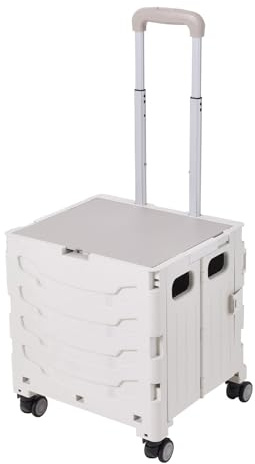 The Fellie 30KG Folding Shopping Trolleys on 4 Rotate Wheels, 45L Storage Boot Cart with Lid, 45L Portable Box Cart with Adjustable Aluminium Handle, Multiple Use Crate for Shopping, White+Grey