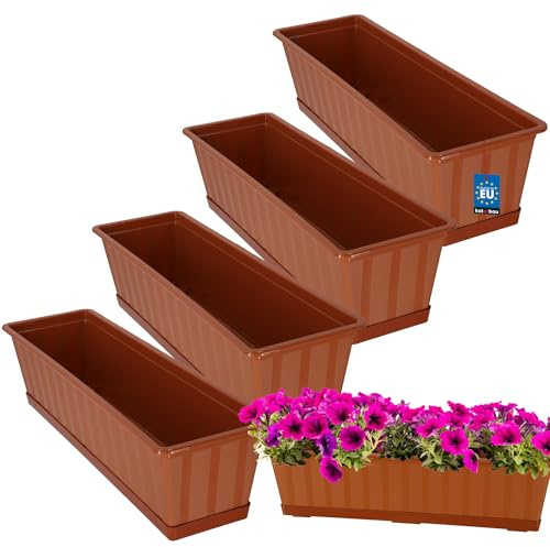 KOTARBAU® 4 pezzi Fioriera da Esterno - PVC - 60 x 18 x 14 cm - Terracotta - Vaso Rettangolare con Sottovaso - Vasi Per Piante da Esterno - Fioriere da Balcone - Vaso Fiori