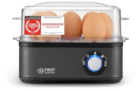 TZS First Austria Eierkocher Grau - 8 Eier Kapazität - 4 Kochstufen inkl. Dampfgarfunktion - Automatische Abschaltung mit Signalton - Trockenkochschutz - Messbecher & Pochierschale - Kompakt & Leicht