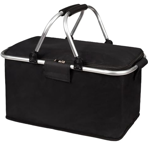 Panier de Piqu Pliable Grand Panier à Provisions avec Couvercle Sac Isotherme réfrigérant avec Cadre en Aluminium et poignées rembourrées pour Courses,Camping et Voyages,45×24×24cm