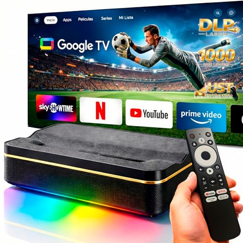 Proyector láser Tiro Ultra Corto, 1.000 ANSI ISO lumens, GoogleTV Certificado, Resolución nativa 1080p con escalado 4K Mediante HDMI, 100 a sólo 25cm, Altavoces 20W, DLP 0.23