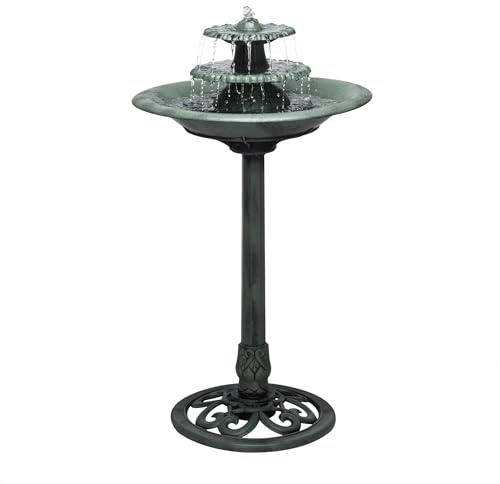 Alpine Corporation 35 Tall 3-Tier Outdoor Pedestal Water Fountain – Durable Resin Cascading Water Feature and Birdbath for Garden, Patio, Deck, and Backyard, Green