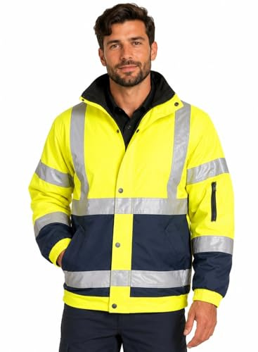 shelikes Men's Hi Vis Bomber Jacket Waterproof High Viz Workwear Coat Hooded Padded Security Safety Jacket with Pockets Reflective Tape & Fleece Lining