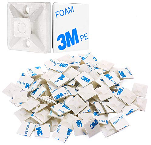 XHF 100 PCS 3/4 White Self Adhesive Cable Zip Tie Mounts Wire Cable Clips Holders Management Anchors Organizer Holders Squares(HS-101S)