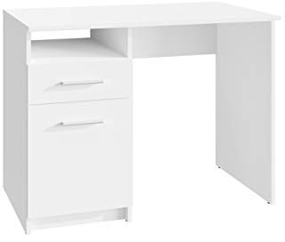 MATKAM Schreibtisch Bodo DSP H 75 x B 100 x T 50 cm, laminierte Möbelplatte, Schublade mit Metalllaufleiste auf Rollen, Ablage mit Tür, Metallscharniere, satinierte Griffe (Weiß)