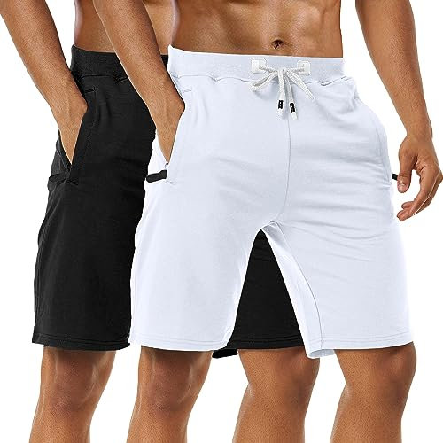 Boyzn Herren 2er Pack Sport Shorts, Sommer Fitness Shorts Schnelltrocknende Laufshorts, Atmungsaktiv Baumwolle Kurze Hose Trainingsshorts Mit Reißverschlusstaschen Black/White-S