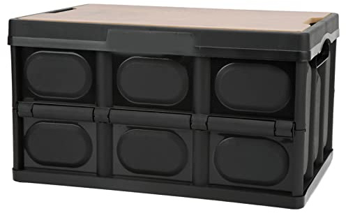 Alomejor Collapsible Storage Box 60L – Heavy-Duty Foldable Outdoor Storage Bin with Solid Wood Top, Waterproof Garden Storage Box for Patio, Deck & Garage (Black)