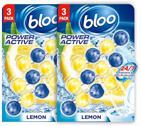 Bloo Power Active Toilet Rim Block Lemon, with Anti-Limescale, Cleaning Foam, Dirt Protection and Extra Freshness - Pack of 6 Rimblocks