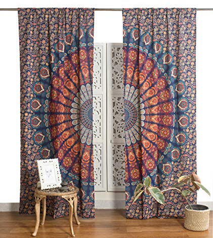 Popular Handicrafts Blue Hippie Mandala Curtains 100 Inch Length for Living Room Bedroom 2 Panels Set Light Filtering Semi Sheer Window Curtains 84 Inch Width Boho Farmhouse Drapes W84xL100 Multicolor