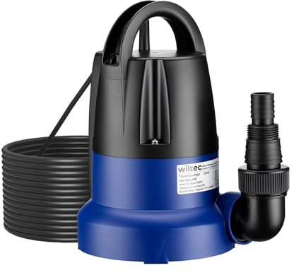 Wiltec Bomba de agua sumergible de aspiración plana 400 W aguas residuales hasta 1 mm caudal máx. 7000 l/h, altura máx. 7 m, profundidad máx. 7 m sensor de nivel de agua