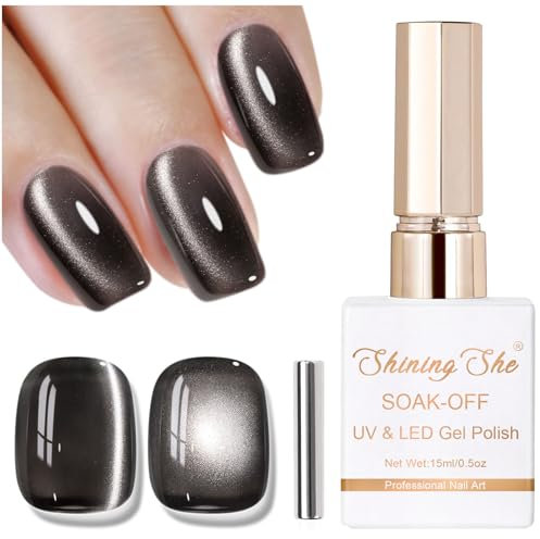 Shining She Cat Eye UV Nagellack Schwarz, 1PCS Klassischer Jelly Glas Kristalle Schwarz Cat Eye Gel Nagellack Set Soak-Off UV Lack für Anfänger Nail Art DIY zu Hause,15ML