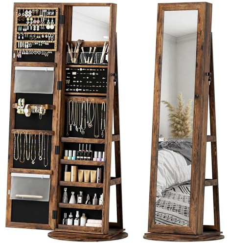 HOMCOM Specchio Portagioie Girevole a 360°, Armadietto Portagioie con Chiusura con Chiave, Specchio a Figura Intera con 3 Ripiani Posteriori per Camera e Soggiorno, 55x55x161 cm, Marrone Rustico