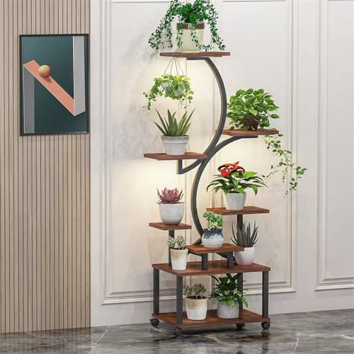 Salutmeuble Support de Plantes d'intérieur, étagère Plante avec Lampes de Croissance,avec Roulette,8 étages, 155cm, Support de Plantes en Métal Multiples Pour Salon, Maison, Pati, Noir+Brun