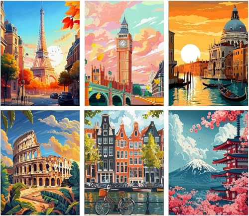 BEAYIOU 6 Pack Painting by Number Kits for Adult, Famous Landscape Adult Paint by Numbers Canvas Kits,Paint by Number Canvas,Number Painting Adults for Gifts Home Wall Decor 12x16 inch