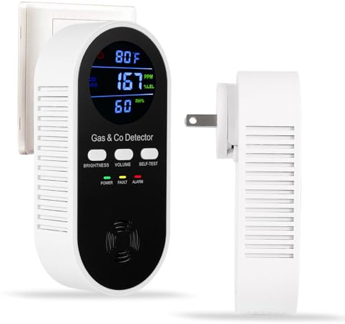 5-in-1 Combination Gas & Carbon Monoxide Detector with Battery Backup,Plug in Natural Gas Detector & CO Alarm with Temperature(°F) & Humidity Sonsor,Propane & CO Detector for Home,RV,Apartment