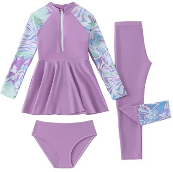 FYMNSI Maillot de bain modeste pour fille Burkini Rashguard à manches longues 3 pièces avec haut zippé et short pour 5-14 ans, violet, 9 ans