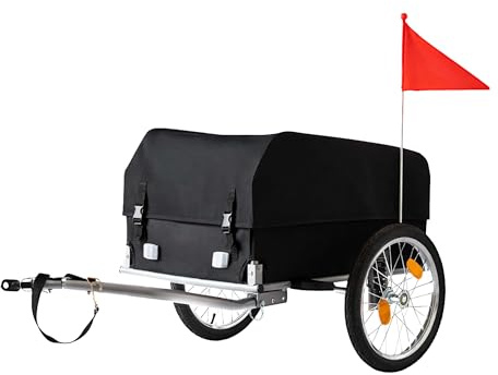 Relaxdays Foldable Bicycle Cargo Trailer with Rain Cover, Safety Flag, 120L, 59x124x69cm, Black