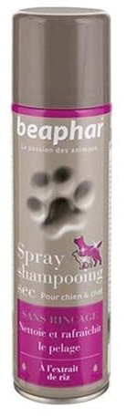 BEAPHAR – Spray shampoing sec pour chien et chat – À l’extrait de riz – Nettoie & rafraîchit le pelage – Absorbe l’excès de sébum, sensation de fraîcheur – Sans rinçage – Facile à appliquer – 250 ml