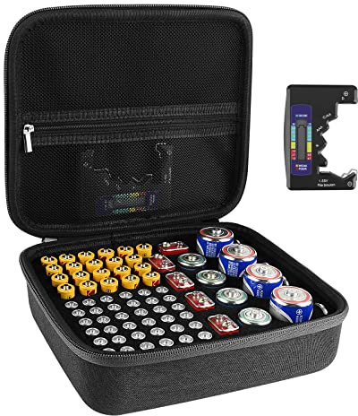 Linkidea Hard Battery Storage Container, Organizer Box with Tester BT-168, Safe Carrying Battery Case Holder - Holds 76 Various Sizes AA AAA 9V C D Batteries with Battery Tester