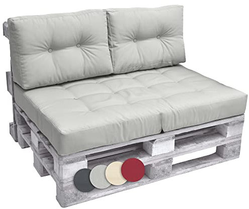 Beautissu Set Palettenkissen Outdoor 1x Sitzkissen 120x80cm & 2X Rückenkissen 60x40cm – Sitzkissen Paletten Möbel Couch Europaletten Auflage Palettensofa Palettenmöbel Kissen Balkon Lounge Hellgrau