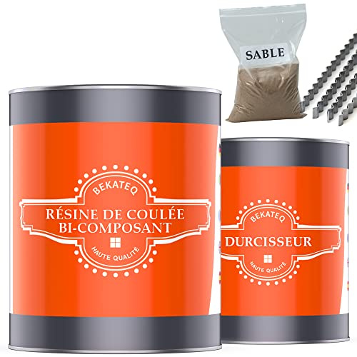 BEKATEQ Kit de résine époxy bicomposant - Transparent incolore - BK-450EP Résine de coulée pour réparer sols en béton, bois, carrelage - Étanche, inodore, durable - 3kg Résine, 2kg Sable, 60 Agrafes