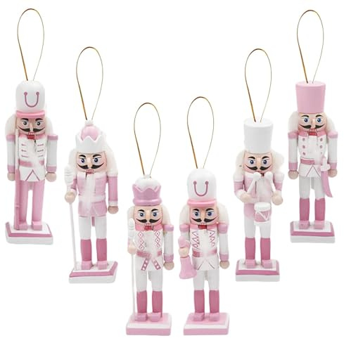 6p 12cm Pink Wooden Christmas Nutcracker Soldiers,Pink Christmas Ornaments,Christmas Tree Decorations Mini Nutcracker Figures Hanging Xmas Figures Puppet Soldiers Gifts Toy for Tree Decorations