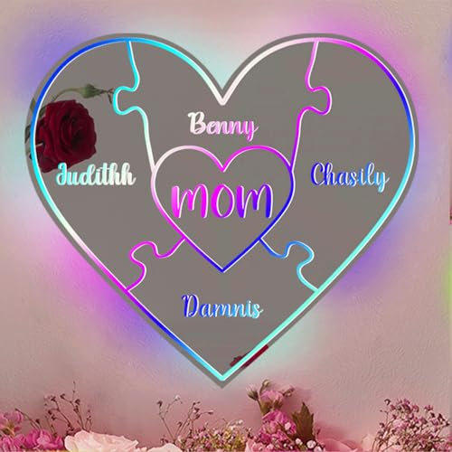 ASD Jewerly Personalisiertes Herz-Spiegel-Puzzle-Licht, individuelle Muttertags-LED-Spiegel-Puzzle-Lampe, Mutter-Puzzle-Herzschild, Muttertags-Puzzle-Nachtlicht-Dekoration, Puzzle-Geschenke für Mama