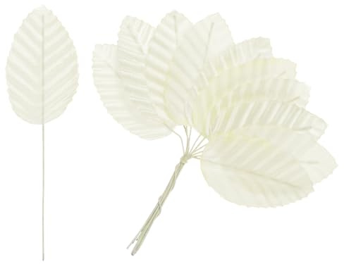 M METERXITY 37-Pack Artificial Silk Leaf with Stem Milky White | Faux Wire Single Leaves, Fake Flower Leaf, for DIY Bouquet Wreaths Wedding Garland Party Decorations, Fake Rose Craft Leaves