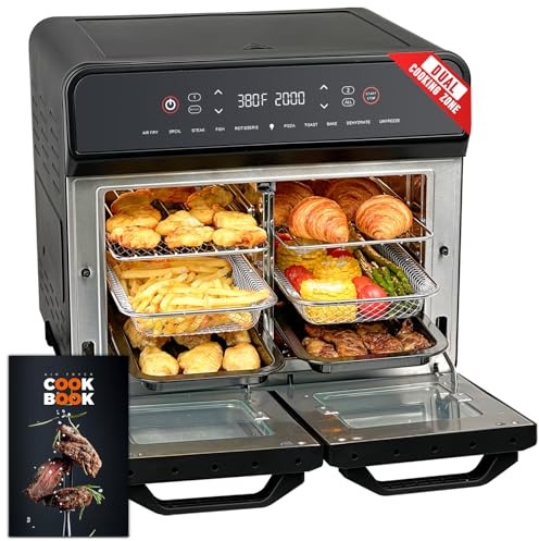 24Qt Dual Zone Air Fryer Oven with Rotisserie, Extra Large Double Air Fryers Mini Oven Digital 1800W 10 in 1 Airfryer Countertop Convection Toaster Oven Combo, Stainless Steel Inner, 360° Even Heating
