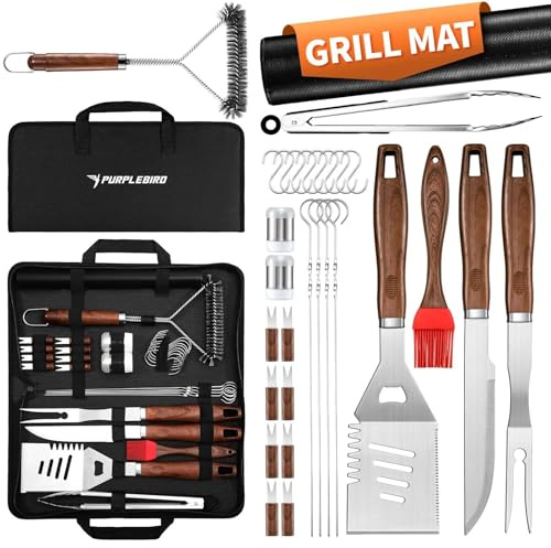 PURPLEBIRD 31PCS Grill Set for Outdoor Grill - Grilling Gift for Men & Dad, Heavy Duty Stainless BBQ Tools Kit for Camping, Grilling Utensils Set with Cleaner Brush, Thermometer, Storage Bag, BBQ Mat