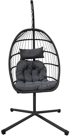 Egg Chair Garden Swing Seat Rattan Foldable Hanging Hammock with Cushions Stand UV Resistant Outdoor Indoor Furniture (Light Grey)