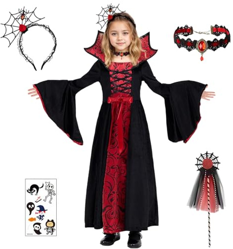 XM-mengpanwei Déguisement Vampire Fille, Costume Vampire Fille Deguisement Halloween Costume,Robe Gothique Filles,Denture,Collier,Bandeau Spider Web pour Enfant Halloween Carnaval Cosplay
