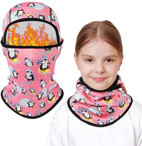 AYPOW Barn balaklava vinter 2–8, multifunktionell vindtät fleece varm skidmask cykling ansiktsmask under hjälmen, stormmask mössa med halsvärmare för pojkar flickor, vinter utomhus sport, Pingvin rosa