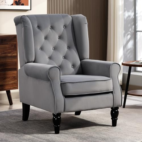 HOMCOM Wingback Accent Chair Velvet Armchair High Back Light Grey | Thick Spring Cushion, Solid Wood Legs, Retro Button Tufted, Reading, Living Room, Bedroom