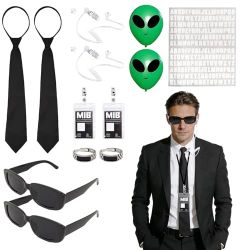 GYIOFAI Set di 15 accessori per adulti per servizi segreti, cosplay, kit per costume da spia, con occhiali da sole, cravatta, anello, auricolare finto, puntello per carta d'identità, kit per Halloween