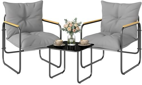 Outsunny Set da Bistrò da 3 Pezzi, Set da Giardino in Metallo con 2 Sedie Texteline, Tavolo in Vetro, Cuscini Spessi, Braccioli Decorativi, Set di Mobili da Giardino per Patio Balcone, Grigio Scuro