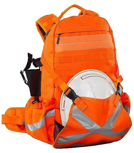 Caribee Mineral King Hi Vis Backpack - Orange Reflective Backpack with Adjustable Hard Hat Holder, Bottle Holders and Hydration Resevoir Compartment