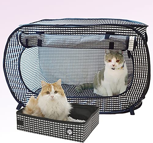 Necoichi Stress-Free Enclosure Cat Travel Carrier Cage 31.8 L x 20.0 W x 20.0 H with Litter Box Set Collapsible Gray White Stripes | Pop up Kannel, Crates