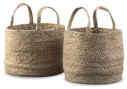 Signature Design by Ashley Brayton Jute 2 Piece Braided Basket Set With Handles, Large Basket 14 W x 14 D x 11 H, Medium Basket 12 W x 12 D x 10 H, Light Brown
