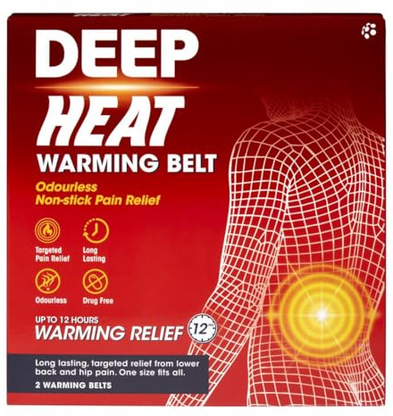 Deep Heat Warming Belt for Aches, Pains & Joint Stiffness (Pack of 2 Belts) | Long Lasting Relief For Up to 12 Hours, Fast Acting, Non-Stick, Odourless Belt, One Size Fits All, Easy, No-Mess Application
