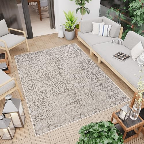 TAPISO Capri Outdoor Teppich Balkon Terrasse Küche Wohnzimmer Flachgewebe Braun Beige Creme Floral Blumen Sisal Optik Strapazierfähig Modern Design Indoor 80 x 150 cm