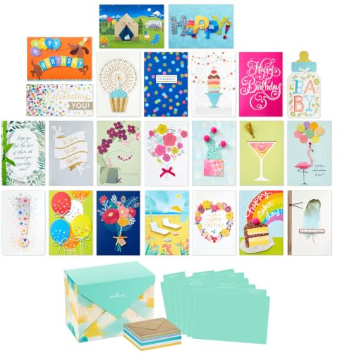 Hallmark All Occasion Cards, Assorted 24-Pack with Organizer (Watercolor)