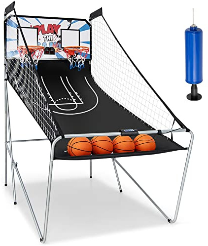 GOPLUS Jeu de Basketball Arcade Pliable, 2 Paniers et 4 Ballons, 8 Modes de Jeux, Capteur Électrique, LED Score, 4 Bouton Fonctionnement, 207x108x205CM