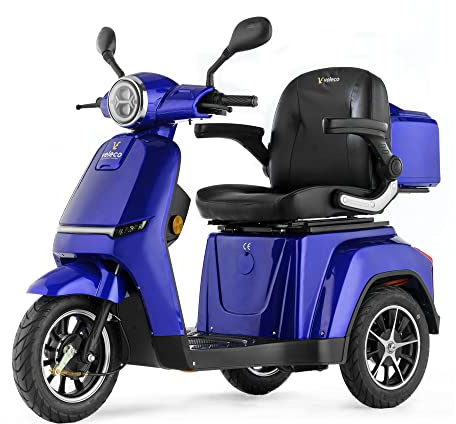 VELECO TURRIS - 3 Wheeled Mobility Vehicle - Fully Assembled and Ready to use - Full LED Lights - High Contrast Display - Alarm System (Blue)