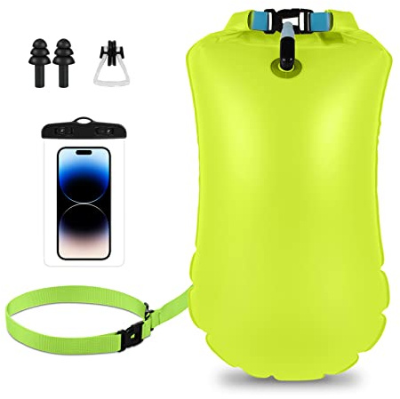 Lyneun Bouée de Natation de Gonflable Adulte, Réglable Bouee Nage Eau Libre, Poche Étanche pour Téléphone Portable, Pince-Nez, Bouchons D'oreille, Swim Buoy pour Sport Nautiques Extérieur (Jaune, 20L)