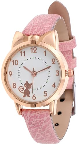 PartyKindom Girls Wrist Watches, Analogue Quartz Watch with Leather Strap, Cute Cat Wrist Watch for Girls Kids