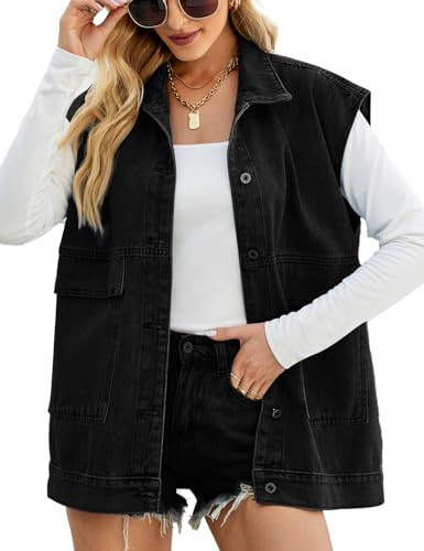 Sukany Chaleco de mezclilla casual para mujer, sin mangas, con botones, de gran tamaño, desgastado, Negro, S